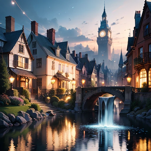 landscape enchanting fountain ultra hd detailed painting, digital art, genre-baptiste monge style, bright, beautiful, splashing, sparkling, cute and charming, filigree, rim lighting, lights, extremely, magic, surrealistic, fantasy, digital art, wlop, artgerm and james jean, isometric, digital art, 3 d render, octane rendering, volumetric