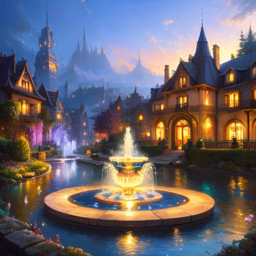 landscape enchanting fountain ultra hd detailed painting, digital art, genre-baptiste monge style, bright, beautiful, splashing, sparkling, cute and charming, filigree, rim lighting, lights, extremely, magic, surrealistic, fantasy, digital art, wlop, artgerm and james jean, isometric, digital art, 3 d render, octane rendering, volumetric