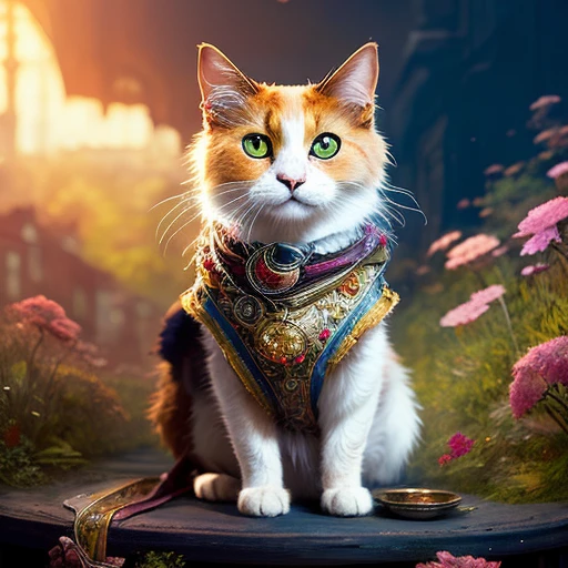 Cute scotland cat in a Victorian cup, beautiful flowers around, bright, colorful, saturated, vintage, "art style that combines the elegance of line art with the vibrancy of watercolor wash. The artwork is highly detailed, with sharp focus and smooth transitions. The overall feeling is dynamic and highly polished, influenced by the works of Carne Griffiths, Wadim Kashim, and Carl Larsson. In the style of Carne Griffiths (for his intricate and flowing line work), Wadim Kashim (for his bold use of color and texture), Carl Larsson (for his light and airy compositions), and Pascal Blanche (for his hyper-realistic character designs and matte painting techniques). . The camera angle is dramatic and expressive, with the artwork capturing the essence of a matte painting concept art. The golden ratio is used to create balanced compositions, and the overall feeling is highly polished and elegant. This style is perfect for a production cinematic character render or an intricate artwork masterpiece, trending on CGSociety and Artstation., trending on artstation, sharp focus, studio photo, intricate details, highly detailed, by greg rutkowski