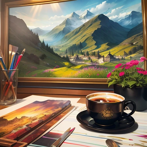 Cute scotland cat in a Victorian cup, beautiful flowers around, bright, colorful, saturated, vintage, "art style that combines the elegance of line art with the vibrancy of watercolor wash. The artwork is highly detailed, with sharp focus and smooth transitions. The overall feeling is dynamic and highly polished, influenced by the works of Carne Griffiths, Wadim Kashim, and Carl Larsson. In the style of Carne Griffiths (for his intricate and flowing line work), Wadim Kashim (for his bold use of color and texture), Carl Larsson (for his light and airy compositions), and Pascal Blanche (for his hyper-realistic character designs and matte painting techniques). . The camera angle is dramatic and expressive, with the artwork capturing the essence of a matte painting concept art. The golden ratio is used to create balanced compositions, and the overall feeling is highly polished and elegant. This style is perfect for a production cinematic character render or an intricate artwork masterpiece, trending on CGSociety and Artstation., trending on artstation, sharp focus, studio photo, intricate details, highly detailed, by greg rutkowski