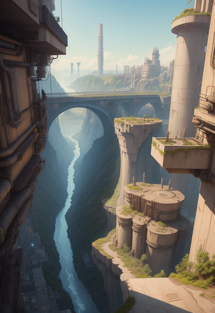 sci-fi cyberpunk city, bridges, deep ravine rift in the middle, terraced streets, reactors, breeder, oil refinery, cars, sunny days, industrial architecture, masterpiece, best quality, high detial, hyper realistic
