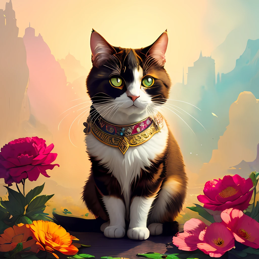 Cute scotland  cat in a Victorian cup, beautiful flowers around, bright, colorful, saturated, vintage, "art style that combines the elegance of line art with the vibrancy of watercolor wash. The artwork is highly detailed, with sharp focus and smooth transitions. The overall feeling is dynamic and highly polished, influenced by the works of Carne Griffiths, Wadim Kashim, and Carl Larsson. In the style of Carne Griffiths (for his intricate and flowing line work), Wadim Kashim (for his bold use of color and texture), Carl Larsson (for his light and airy compositions), and Pascal Blanche (for his hyper-realistic character designs and matte painting techniques). . The camera angle is dramatic and expressive, with the artwork capturing the essence of a matte painting concept art. The golden ratio is used to create balanced compositions, and the overall feeling is highly polished and elegant. This style is perfect for a production cinematic character render or an intricate artwork masterpiece, trending on CGSociety and Artstation., trending on artstation, sharp focus, studio photo, intricate details, highly detailed, by greg rutkowski
