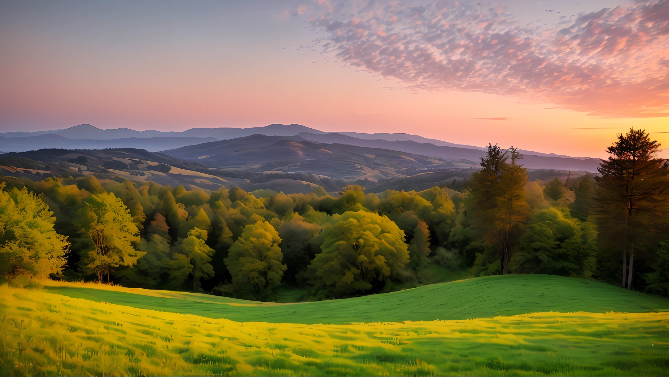 The green hills are far away, with red clouds glowing at sunset. White birds are flying and crying around. The evening glow casts shadows of trees onto the ground. A serene and natural wonderland with solitude beauty.

I hope these English prompt words and phrases can be helpful for you to generate images with AI models. Please let me know if you need any other suggestions. I'm glad to provide more details.