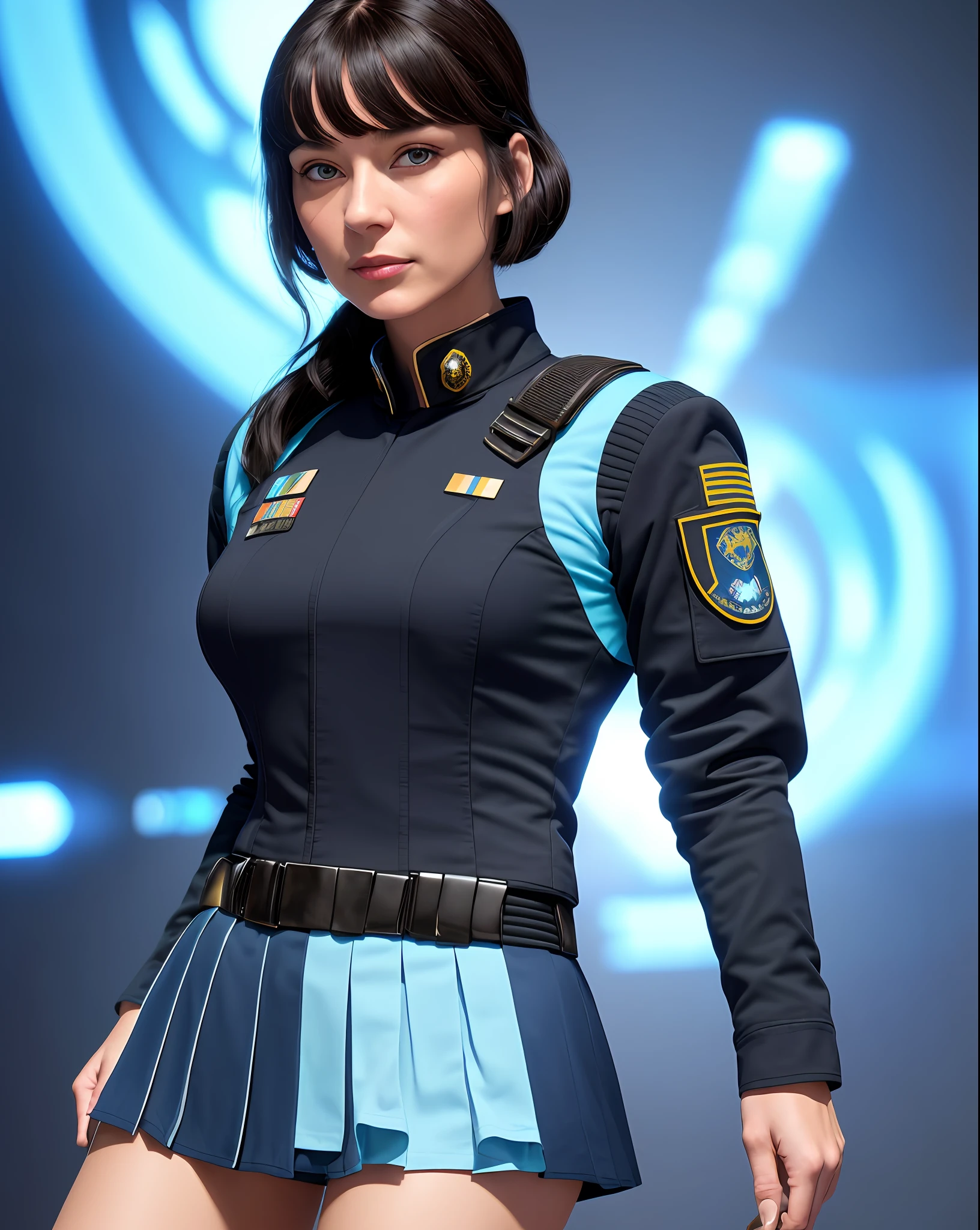 (highest resolution, distinct_image), best quality, masterpiece, highly detailed, semi realistic, a woman with black shoulder length hair, black pupils, mature, mature woman, imperial sister, sexy, short hair, triple bangs, light blue uniform, light blue uniform jacket, soldier, light blue pleated skirt, military uniform, fighter front, future, science fiction, universe