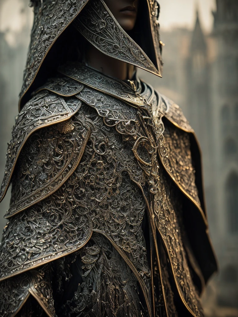 portrait in three-quarter close-up, dark fantasy film style, stunningly beautiful slender girl, (expressive and deep [symmetrical eyes]), stunning naive and innocent face, black long hair, ([girl wearing max detailed damaged full knight armor of blued steel | max detailed worn armor in dark fantasy film style | (intricately detailed:1. 2) shabby black knight armor made of blued steel(top ArtStation:1. 1) : 20])+++, superbly detailed tattered dark brown wool cloak with coarse weave, (intricate dark corridors of gothic cathedral:1: 3), stained glass, dramatic background, gloomy and scary atmosphere, natural funnel texture, expressive background, super detail, hyperphotorealism, natural daylight, (12K, UHD, super resolution, Rembrandt lighting)+++, natural reflections, natural textures, stained glass natural lighting, color illumination, cinematic lighting