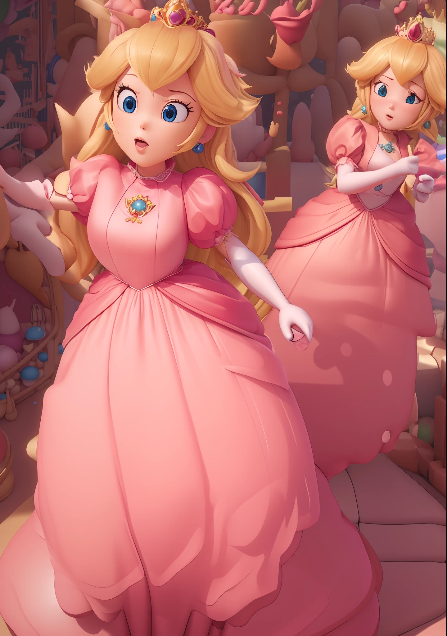 3D,3D render, global illumination, subsurface scattering, pixar style, Princess_Peach (wearing pink gown),, 1girl, blonde hair, seductive expression, sexy eyes, shiny skin, simple background