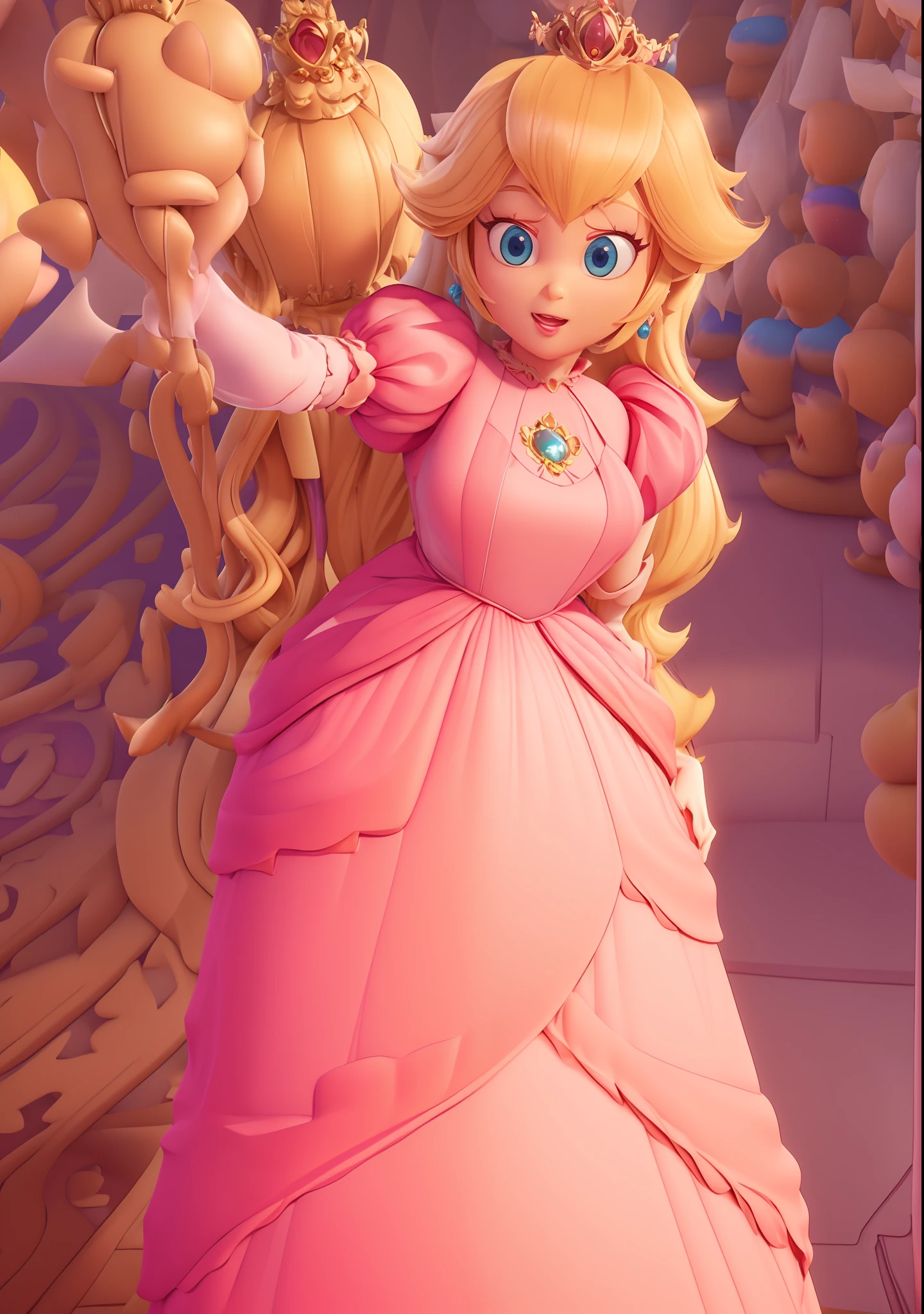 3D,3D render, global illumination, subsurface scattering, pixar style, Princess_Peach (wearing pink gown),, 1girl, blonde hair, seductive expression, sexy eyes, shiny skin, simple background