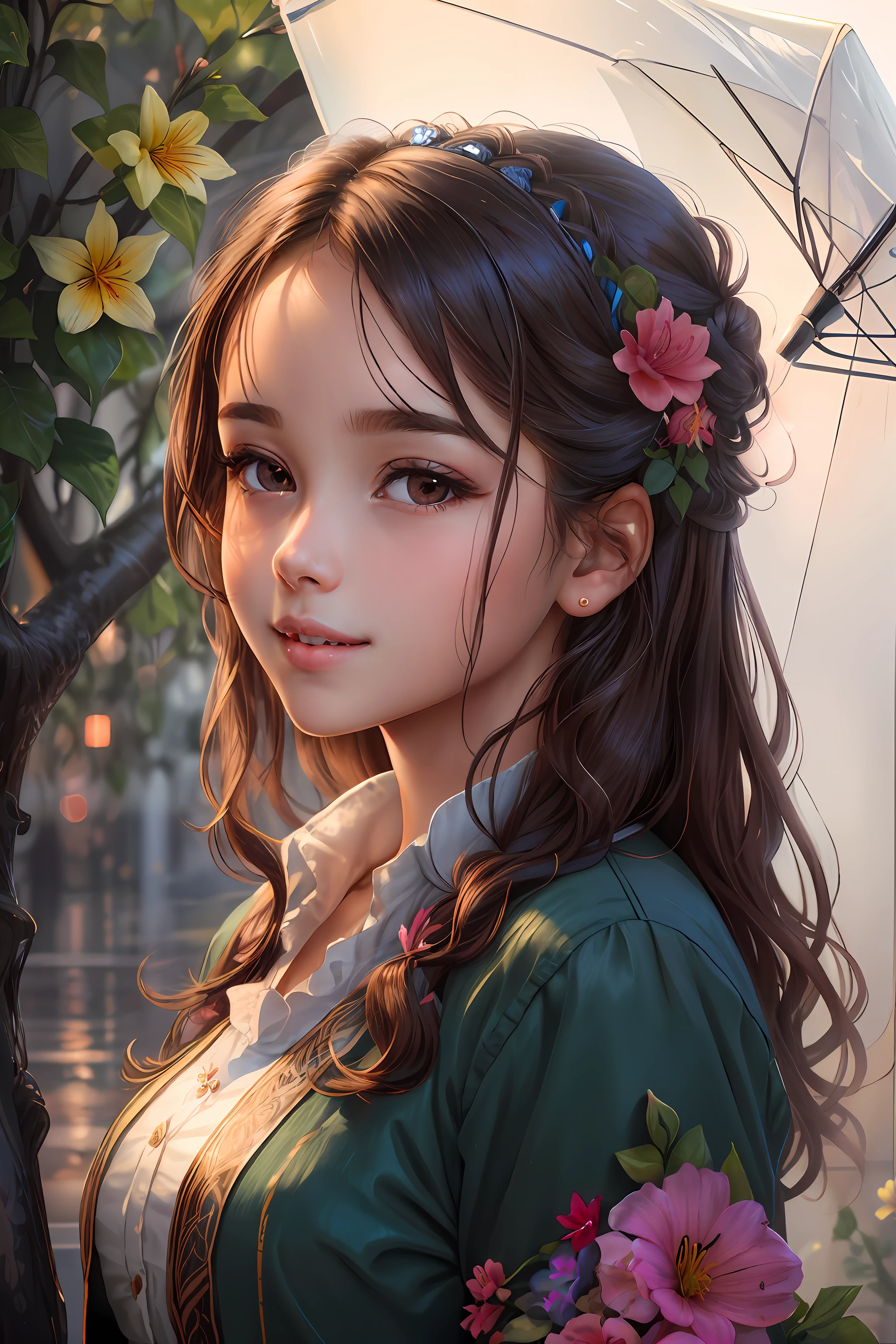 Sweet girl, cute, oval face, young sunshine, dark brown long hair, slightly curly, bright big eyes, delicate nose, pink lips, beautiful and moving smile, blue floral dress, holding lilies , face close to lily, front, half-length portrait, high quality CG, 8K resolution, super clear, clean background