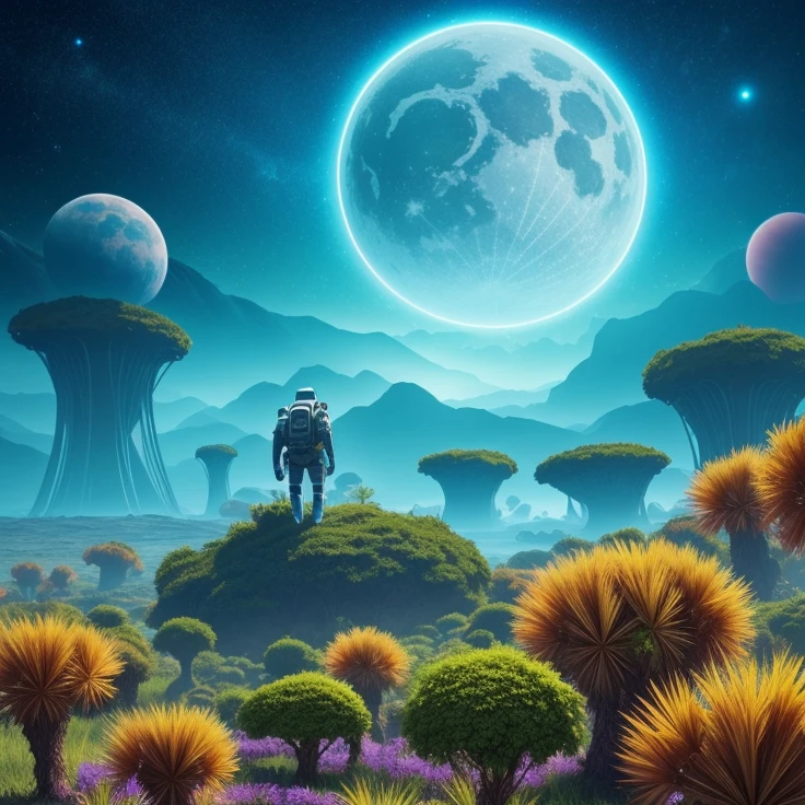 alien world with vivid plants, strange creatures, astronauts from earth exploring, realistic, cinematic, 8k-variation --v 6