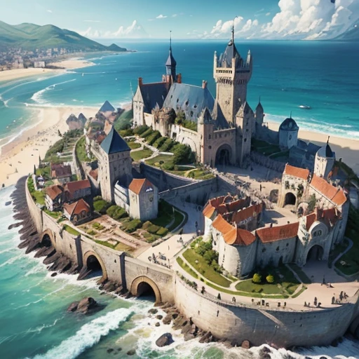 The city surrounded by the sea on three sides, medieval style. The three-story city wall is made of stone. Concept art for the original game. --v 6
