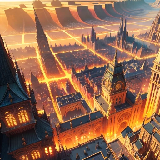 3d tv screen shots, 8K, in the style of dark orange and gold, art nouveau organicity, spiky mounds, die brücke, art of burma, an image of a futuristic city with bridges and small buildings, fractal, insanely detailed, in the style of golden hues, fantastical otherworldly visions, kushan empire, greeble, barroco, 8K, n the style of dan mumford, echo chernik, light gold and gold, --v 6