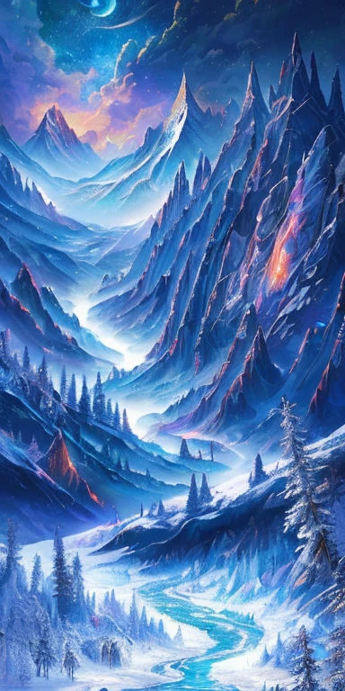 This paragraph describes a digital painting depicting an otherworldly, surreal and magnificent scene. The artwork features a massive mountain and dragon surrounded by intricate details of forests, vegetation and rivers. This is a high-quality, 8K resolution digital art masterpiece, which creates a beautiful movie background with a magical atmosphere through unique lighting effects. The sky is decorated with snow and stars, while dragons soar above. The work belongs to the ice punk style, with dragons and mountains as the theme, creating a cold winter visual style. --v 6
