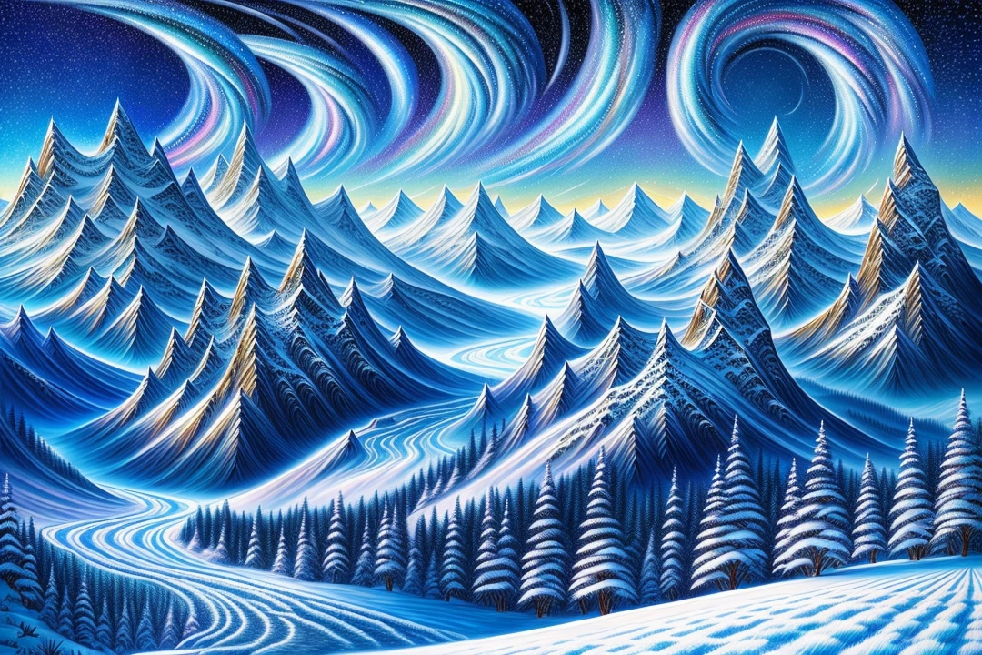 This paragraph describes a digital painting depicting an otherworldly, surreal and magnificent scene. The artwork features a massive mountain and dragon surrounded by intricate details of forests, vegetation and rivers. This is a high-quality, 8K resolution digital art masterpiece, which creates a beautiful movie background with a magical atmosphere through unique lighting effects. The sky is decorated with snow and stars, while dragons soar above. The work belongs to the ice punk style, with dragons and mountains as the theme, creating a cold winter visual style. --v 6