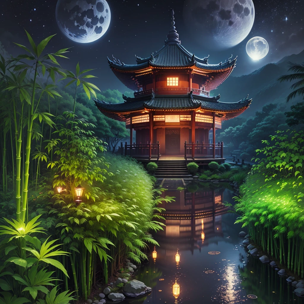 Bamboo Forest, Path, Temple, Pavilion, Tower, Bridge, River, Night, Moon, Lamp, Nobody, Ultimate, Masterpiece, Illustration, Wallpaper, Absurd, Aerial View, Aerial View: 0.3 --v6