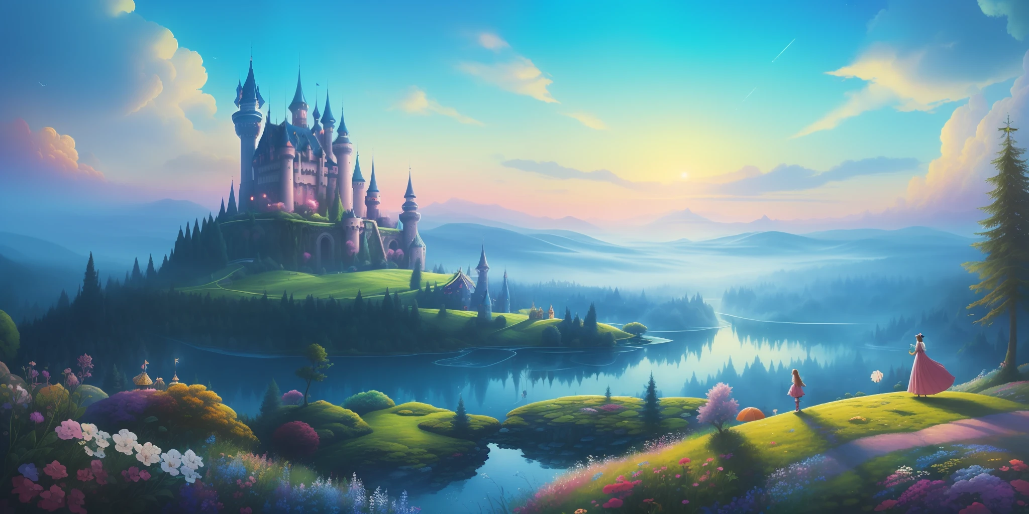 "(Masterpiece), (Perfect Quality: 1.0), (Ultra HD Details: 1.0), psychedelic and dreamy illustrations, in the fairyland-like forest and sky, a magnificent and mysterious huge castle is looming."