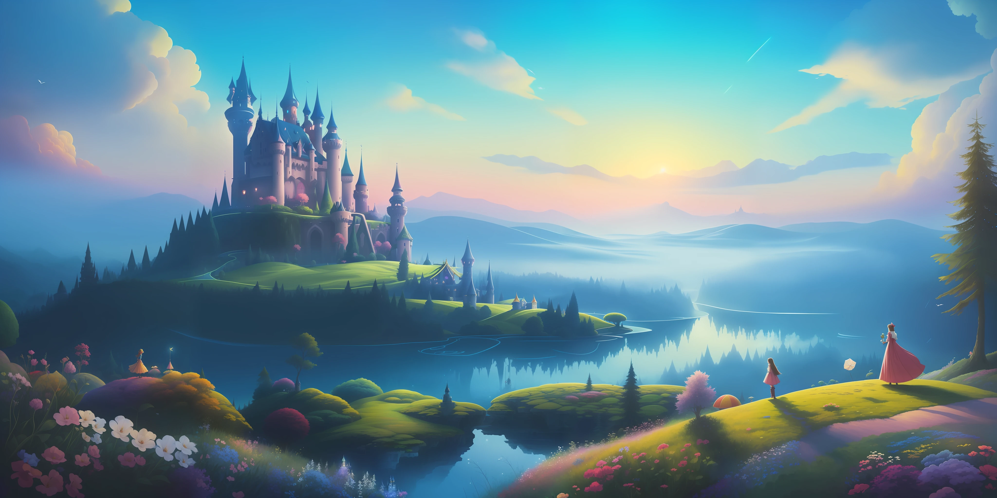 "(Masterpiece), (Perfect Quality: 1.0), (Ultra HD Details: 1.0), psychedelic and dreamy illustrations, in the fairyland-like forest and sky, a magnificent and mysterious huge castle is looming."
