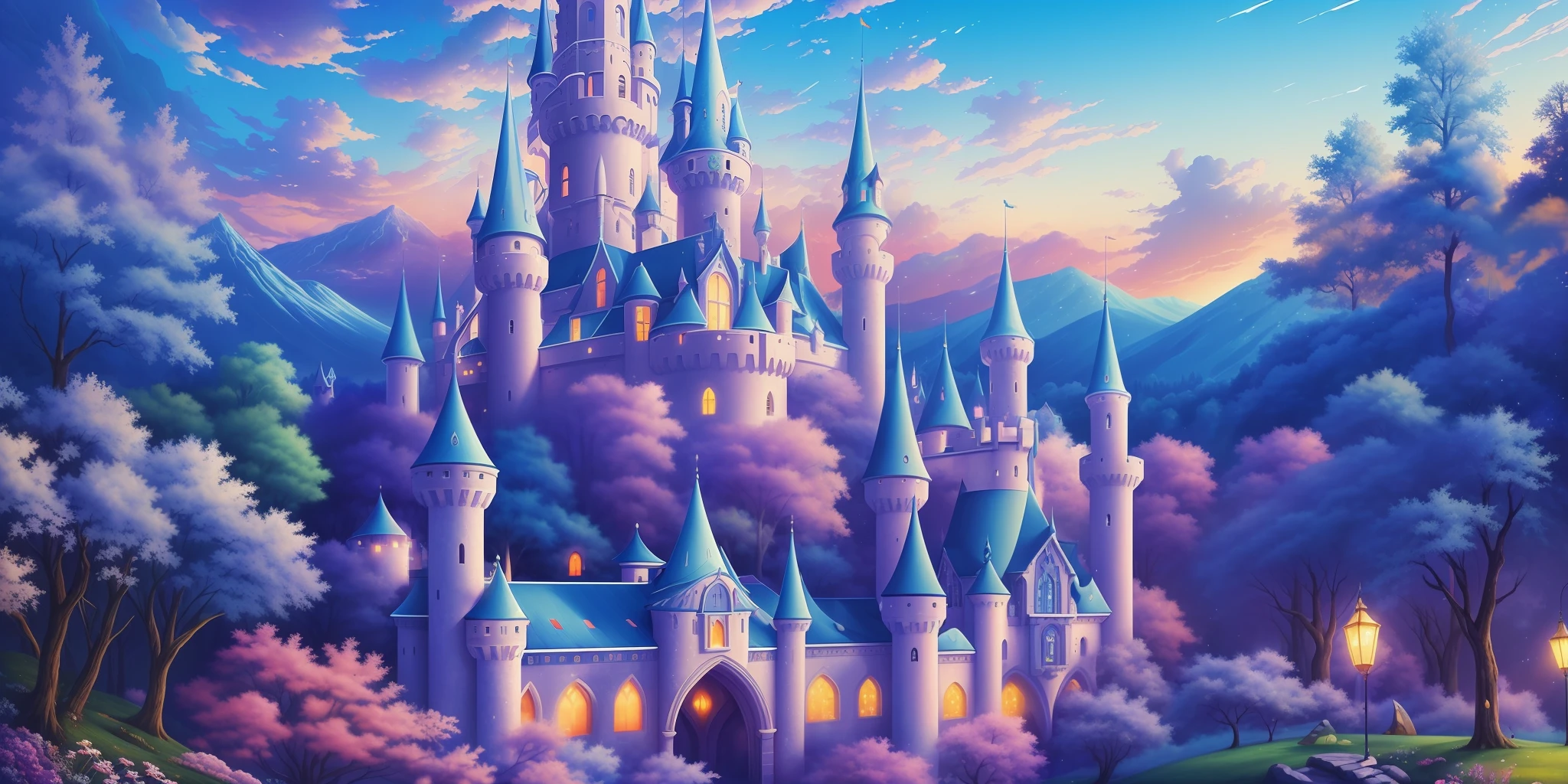 (Masterpiece), (Perfect Quality: 1.0), (Ultra HD Details: 1.0), psychedelic and dreamy illustrations, in the fairyland-like forest and sky, a magnificent and mysterious huge castle is looming --v 6