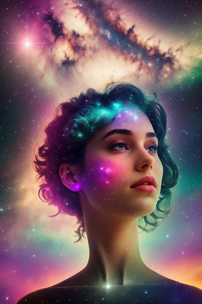 A cosmic double exposure image combining a starry sky with a portrait of a person, created using Pixar 3D, inspired by the work of artist Elsa Chang. The scene features a person standing in a field at night, gazing up at the stars above them, while their double exposure is a galaxy with colorful nebulas. The color temperature is cool with a blueish hue, and the atmosphere is dreamy and surreal. The person's expression is one of wonder and amazement. The lighting is soft, casting a gentle glow on the person and the surroundings. --v 5 --stylize 1000