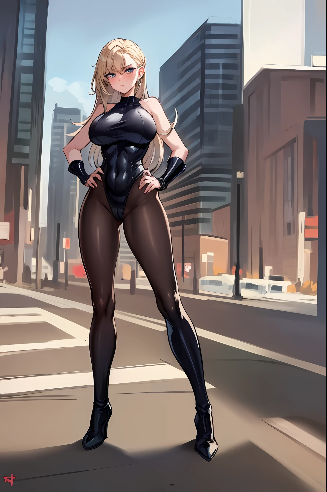 (masterpiece:1.2), (best quality:1.2), perfect eyes, perfect face, perfect lighting, 1girl, MILF, Female, superhero, leotard, bare legs, hands on hip, full body, city backdrop, 1girl, boots, standing,