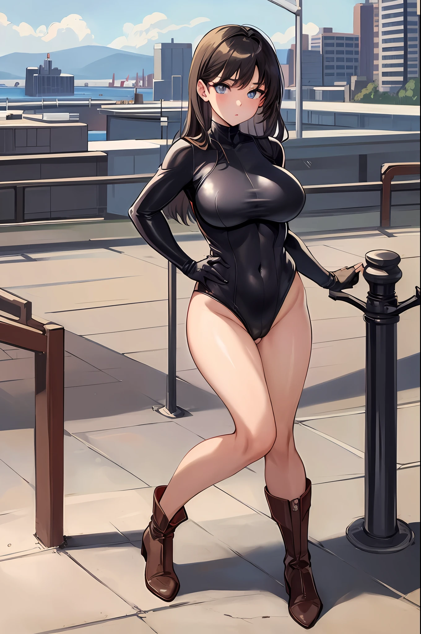 (masterpiece:1.2), (best quality:1.2), perfect eyes, perfect face, perfect lighting, 1girl, MILF, Female, superhero, leotard, bare legs, hands on hip, full body, city backdrop, 1girl, boots, standing,