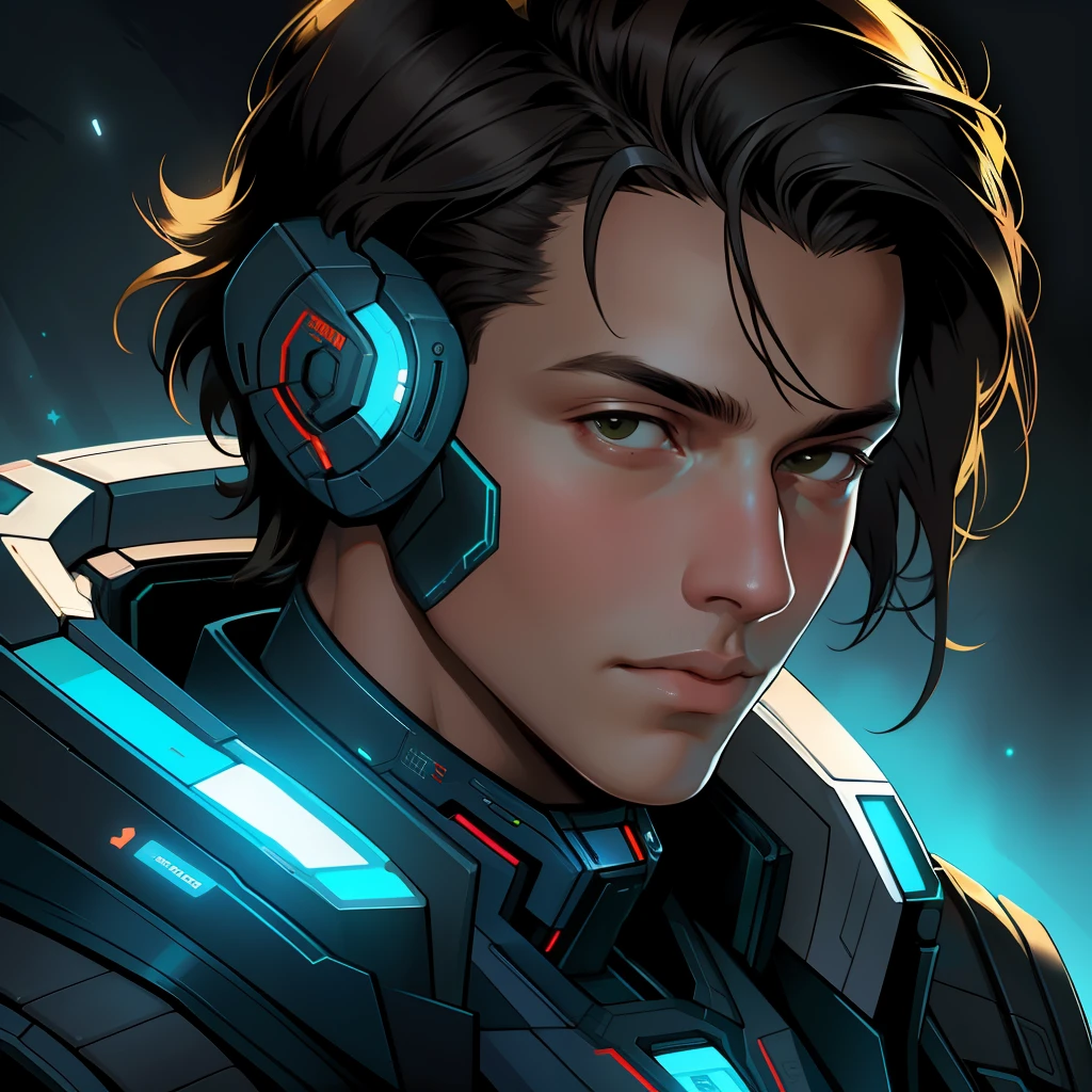masterpiece, best quality, realistic, ultra detailed, sfw, head shot, a portrait of a young man, starsector, sci-fi style suits, hight-tech gadgets, head facing right,