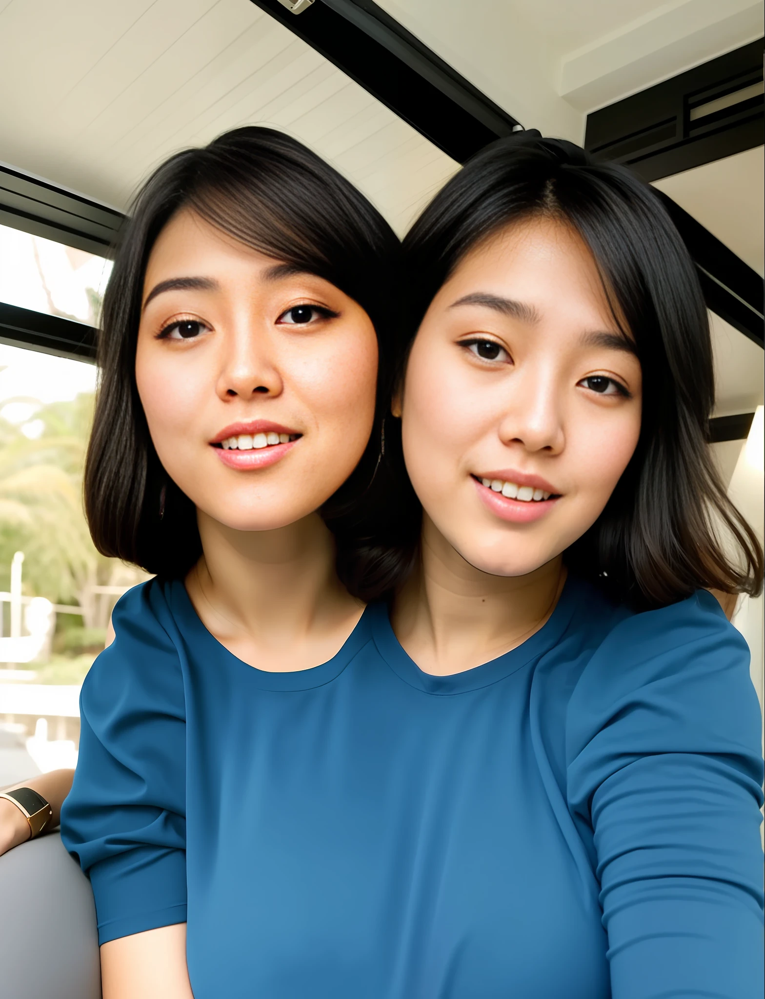 2heads, Extra arms, a woman posing for a picture, blue dress, curvy arms, long hair, black hair, hat, incredibly beautiful, strong pose, very beautiful, arms to the side, 6 arms and 2 legs!, curvy arms, multiple arms, armpits fused to shoulders, normal hands, slender body, identical faces, 21 years old, upper body shoot, korean