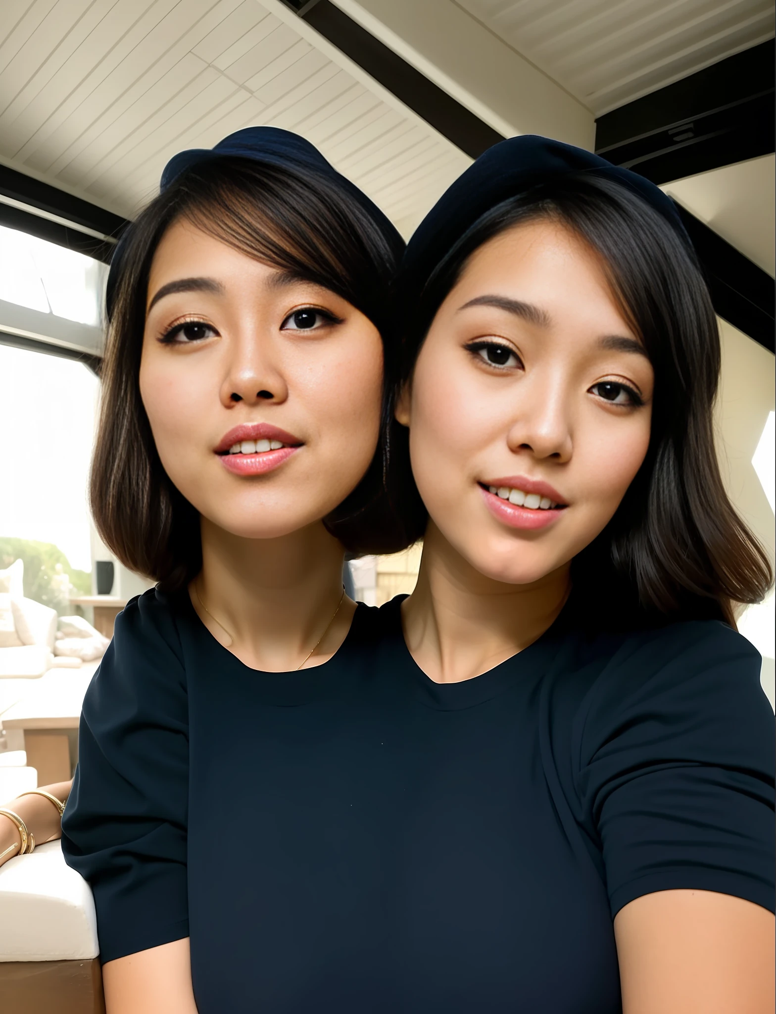 2heads, Extra arms, a woman posing for a picture, blue dress, curvy arms, long hair, black hair, hat, incredibly beautiful, strong pose, very beautiful, arms to the side, 6 arms and 2 legs!, curvy arms, multiple arms, armpits fused to shoulders, normal hands, slender body, identical faces, 21 years old, upper body shoot, korean