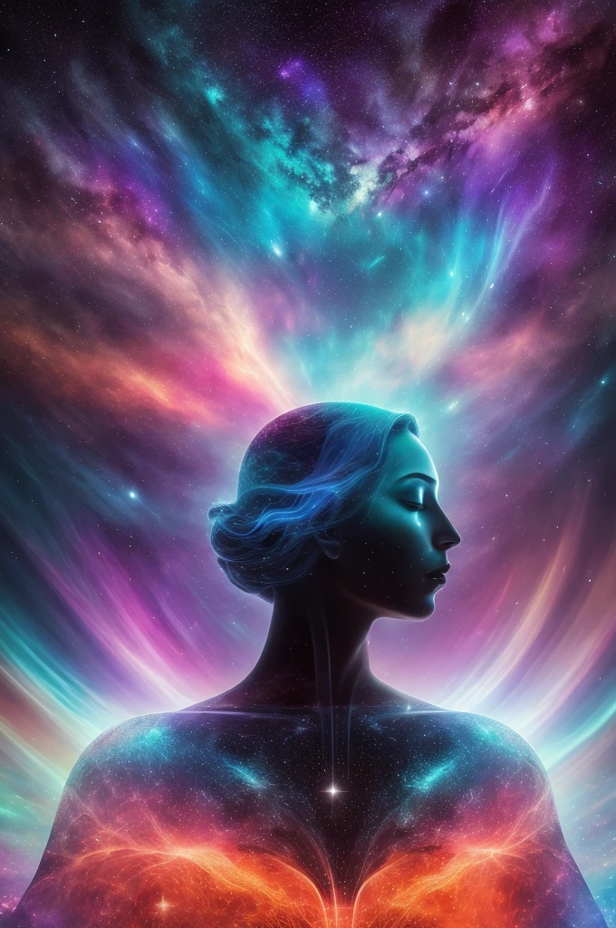 a silhouette of a person merges with the vastness of space, creating a sense of interconnectedness. The scene is depicted through digital illustration in a surreal and dreamlike style, inspired by the works of Salvador Dali. The color temperature is cool, with hues of deep blues and purples dominating the image, enhancing the cosmic atmosphere. The person's expression is serene, their face turned upwards, gazing at the cosmic expanse. Soft lighting casts a gentle glow, illuminating the figure and the surrounding celestial elements. The atmosphere is ethereal and mystical, evoking a sense of wonder and exploration in the viewer." --v 5 --stylize 1000