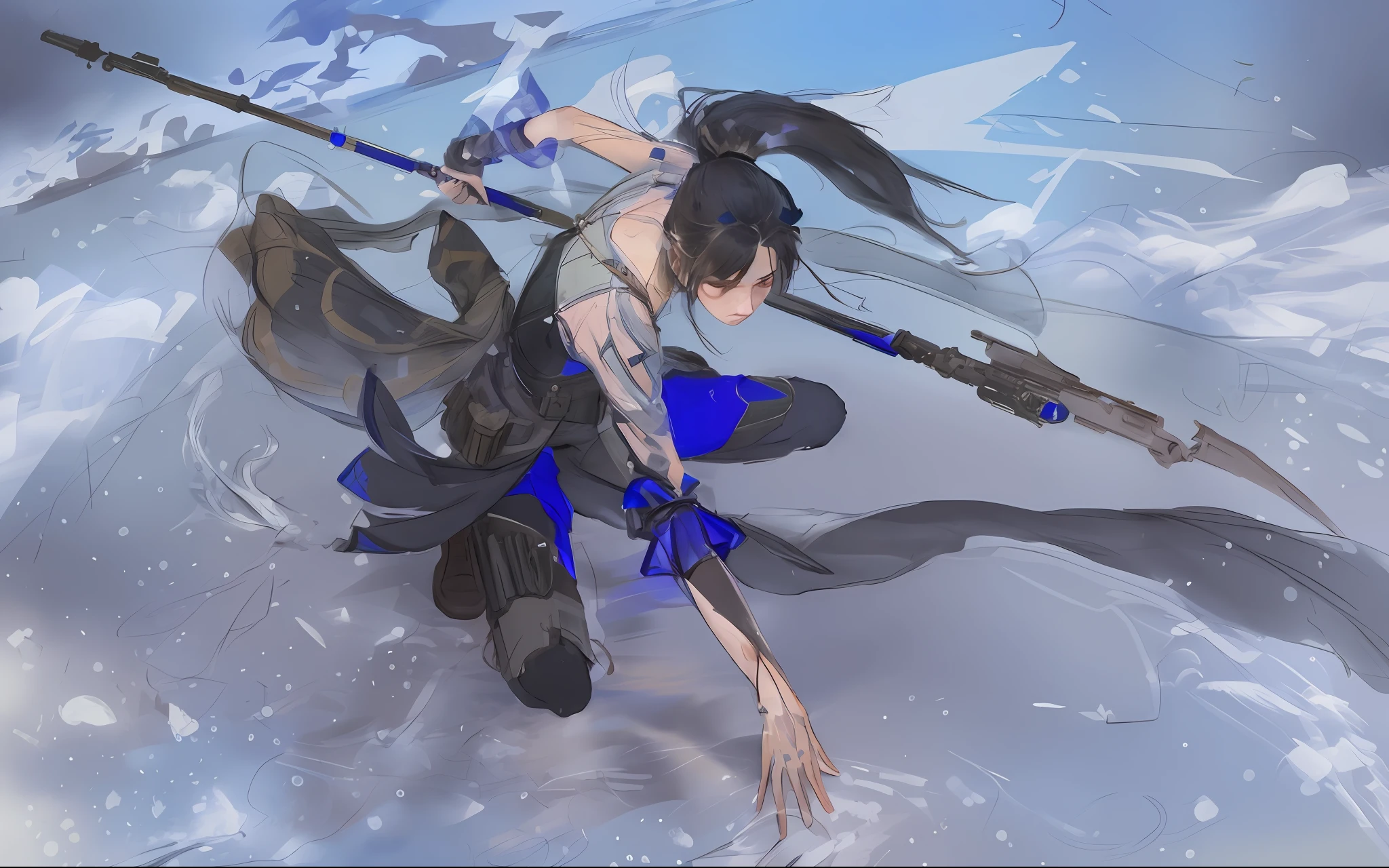 Looking down, there is a female soldier holding a long gun in her hand, half kneeling on the ground, stroking the floor with her hand, and holding a long gun in the other