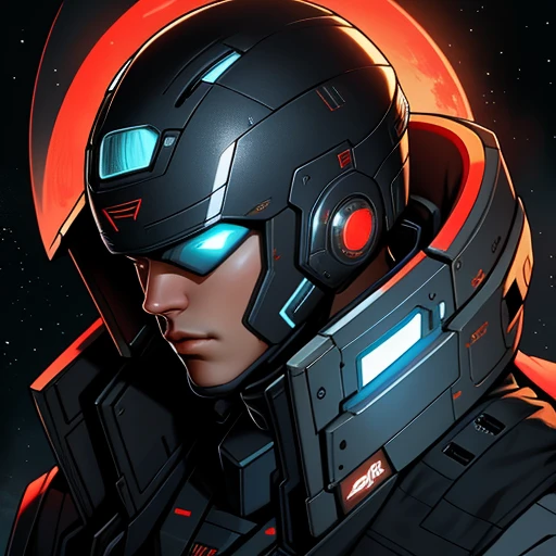masterpiece, best quality, realistic, ultra detailed, sfw, head shot, a portrait of a young man, starsector, sci-fi style suits, hight-tech gadgets, head facing right,