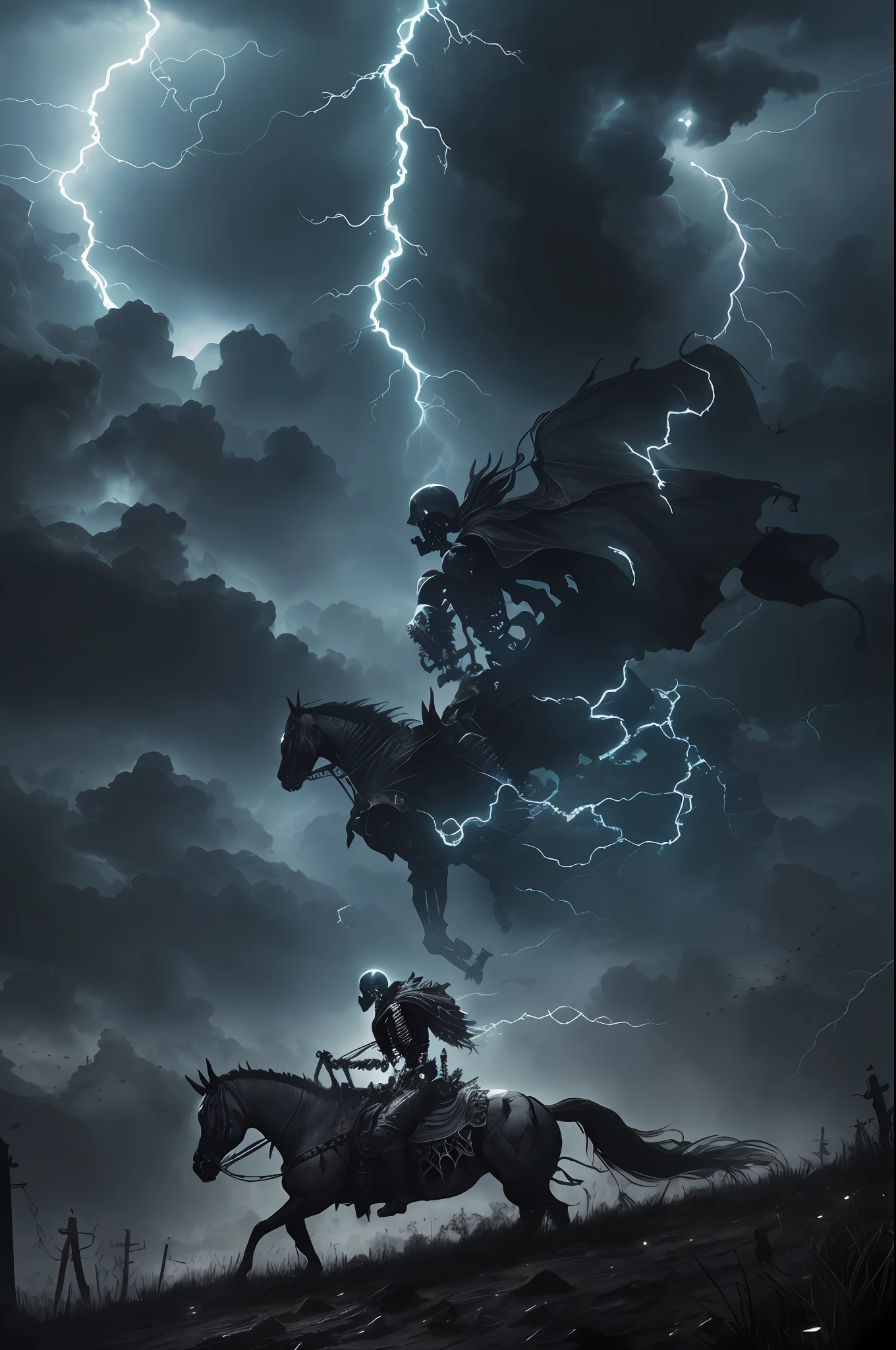 A necromancer, riding a skeleton warhorse, tattered, dirty, full of plague and death, surrounded by dark clouds and lightning, static composition, slight low angle, decisive cut, (very detailed CG Unity 8k wallpaper), (most good quality), (best illustration), (best shadows), ridiculous, realistic lighting, high contrast colors --v 6