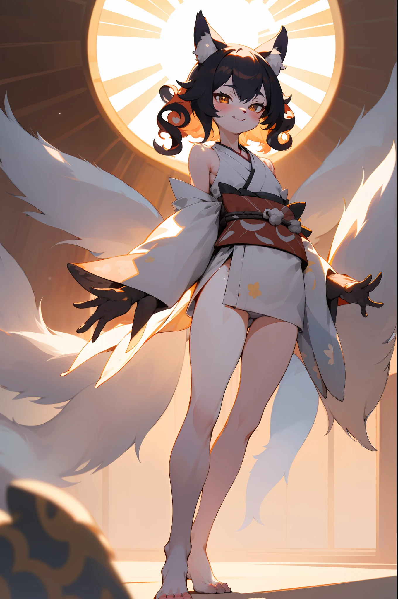 depth of field, perfect lighting, light particles, (best quality), (masterpiece), (super detailed), sharp focus, light particles, niji, eyesgod, blush, brown_eyes, looking_at_viewer, smile, solo, furry, animal_ear_fluff, open_clothes, Arms back, full body, kimono, onmyoji, sunshine, mouth open, from below, arms back, exquisite parlor, charming curly hair, heterochromatic pupils, nine furry tails, cute and charming, medium chest, revealing clavicle, exposed thigh,