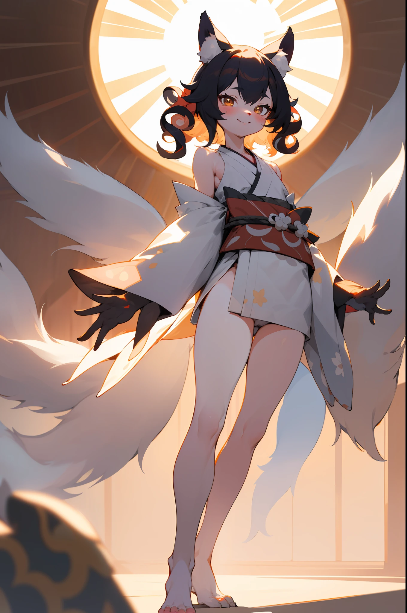 depth of field, perfect lighting, light particles, (best quality), (masterpiece), (super detailed), sharp focus, light particles, niji, eyesgod, blush, brown_eyes, looking_at_viewer, smile, solo, furry, animal_ear_fluff, open_clothes, Arms back, full body, kimono, onmyoji, sunshine, mouth open, from below, arms back, exquisite parlor, charming curly hair, heterochromatic pupils, nine furry tails, cute and charming, medium chest, revealing clavicle, exposed thigh,
