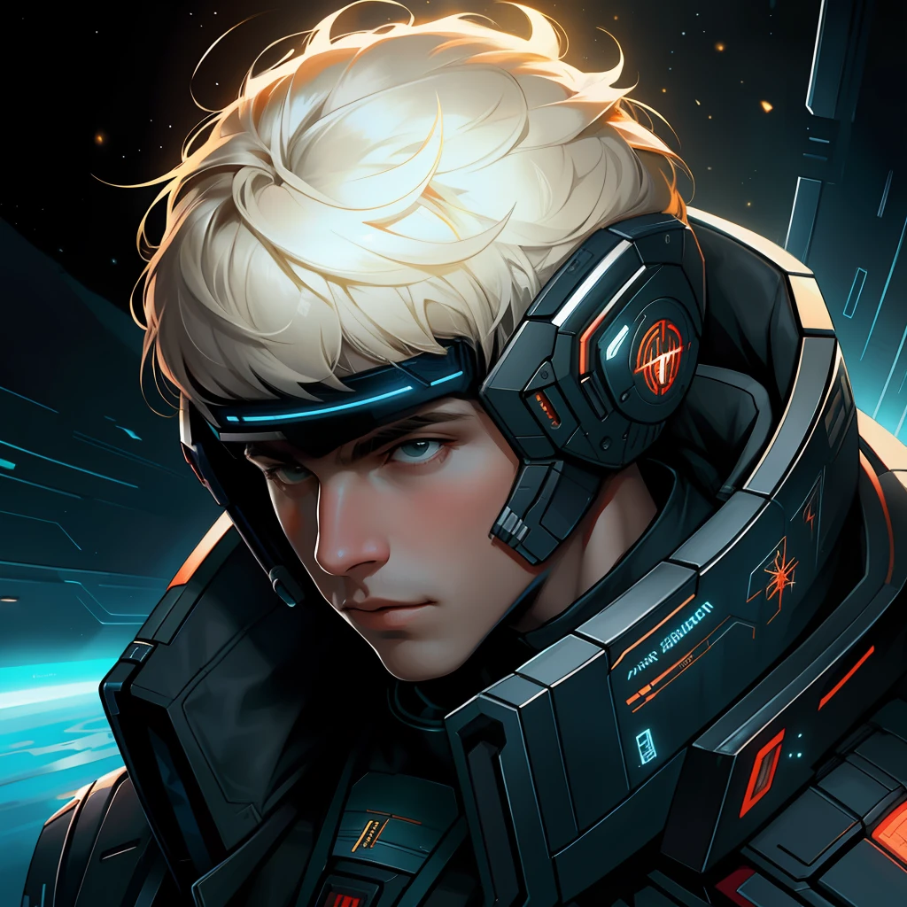 masterpiece, best quality, realistic, ultra detailed, sfw, head shot, a portrait of a young man, starsector, sci-fi style clothing, hight-tech gadgets,