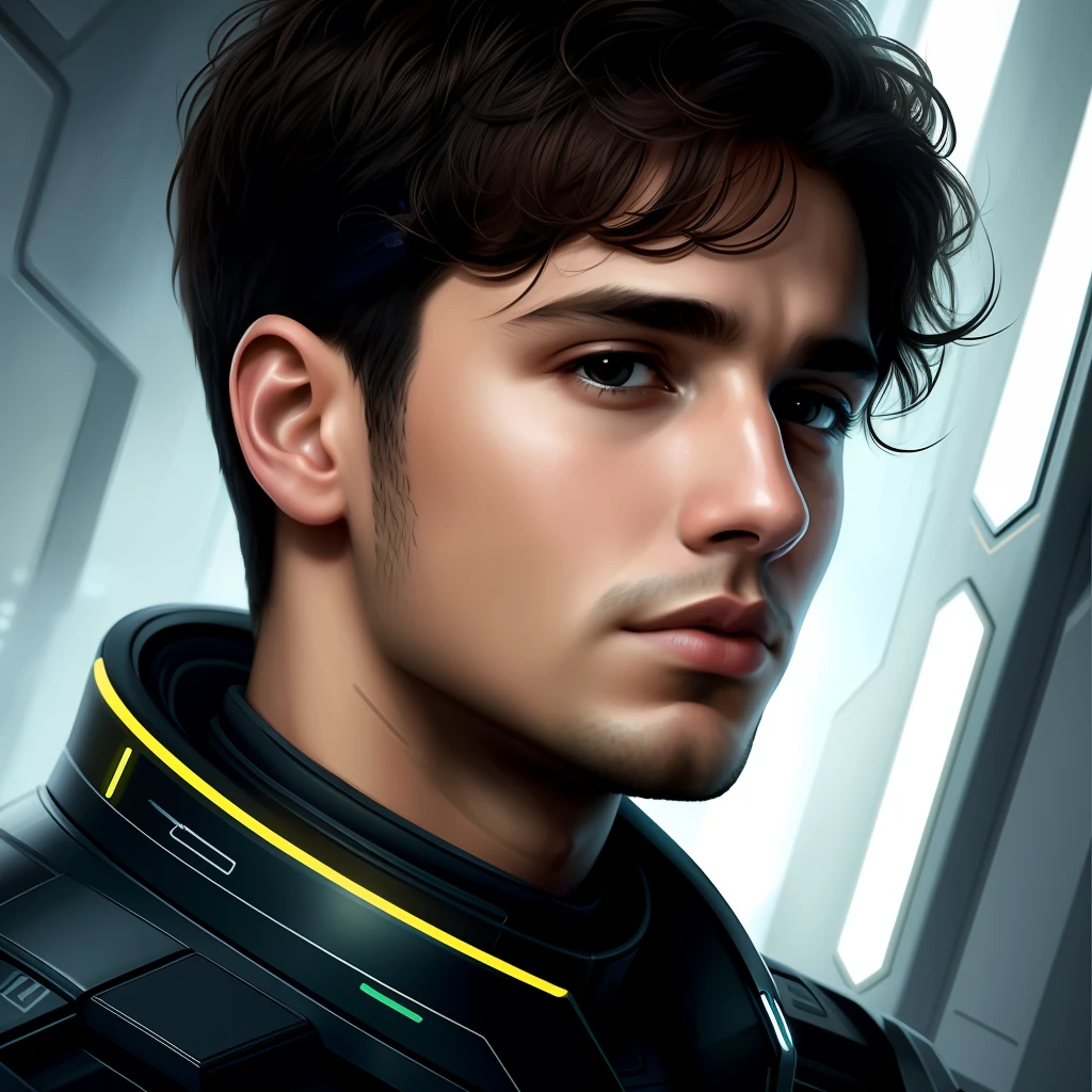 masterpiece, best quality, realistic, ultra detailed, sfw, head shot, a portrait of a young man, starsector, sci-fi style clothing, hight-tech gadgets,