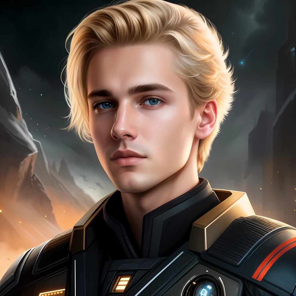 masterpiece, best quality, realistic, ultra detailed, sfw, head shot, a portrait of a young blond man, starsector, sci-fi style clothing, hight-tech gadgets,