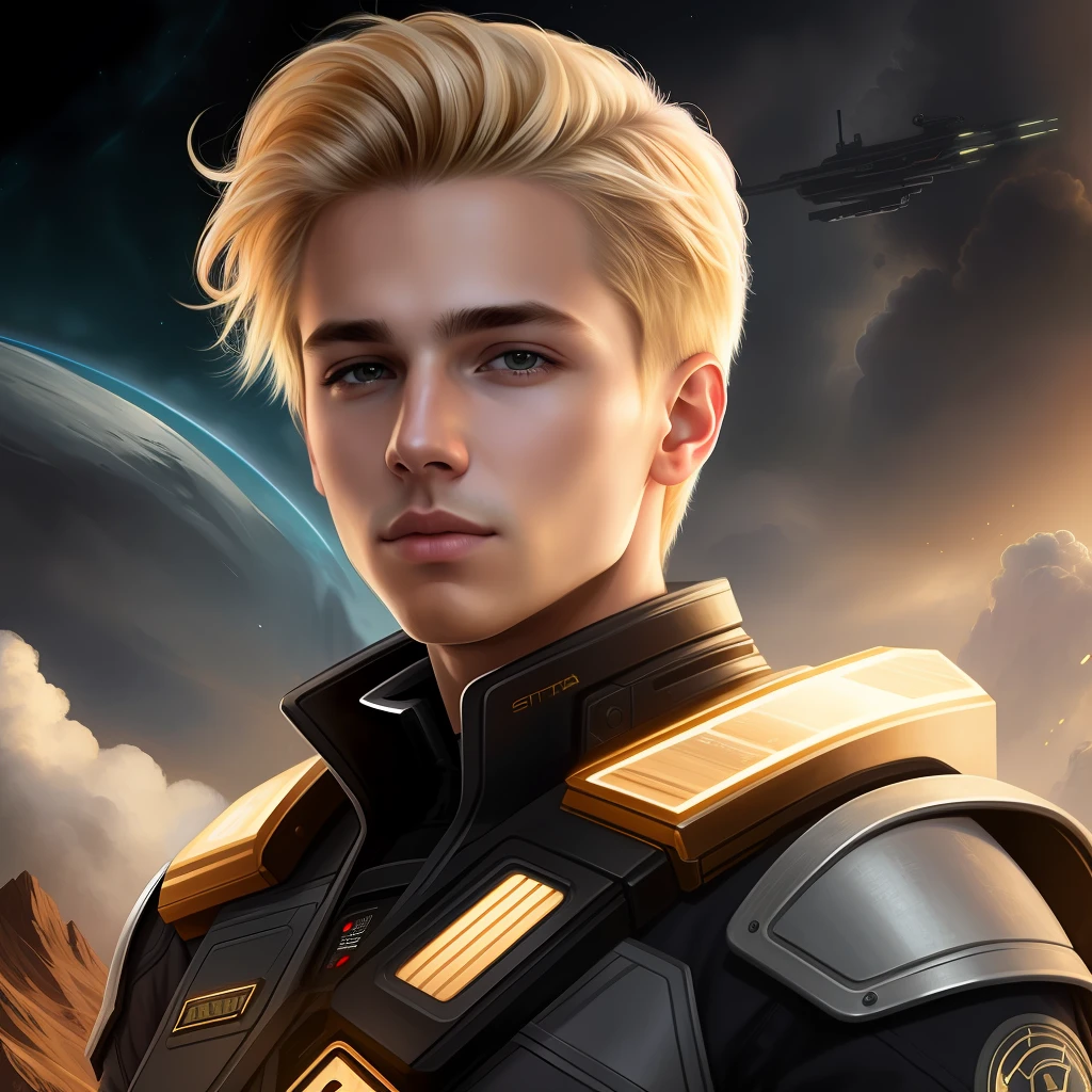 masterpiece, best quality, realistic, ultra detailed, sfw, head shot, a portrait of a young blond man, starsector, sci-fi style clothing, hight-tech gadgets,