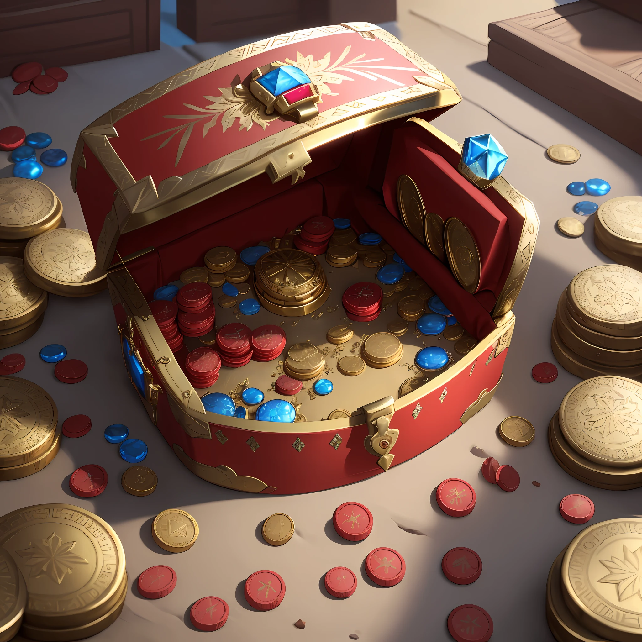 A red treasure chest with metal edging, gems inlaid in the middle of the chest, European pattern, gold coins and blue broken gems scattered around the treasure chest