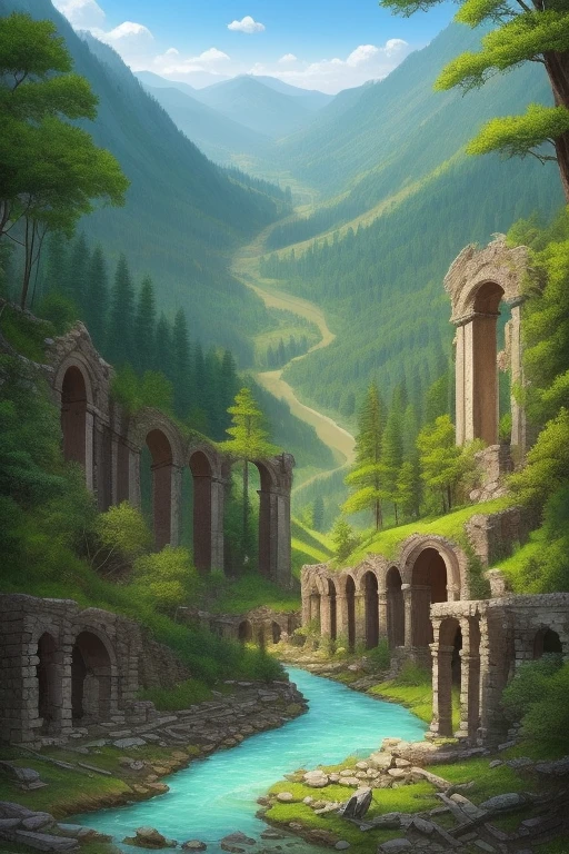 Draw a particularly beautiful valley, deep in the forest, with creeks, and the remains of ancient ruins, high quality and beautiful