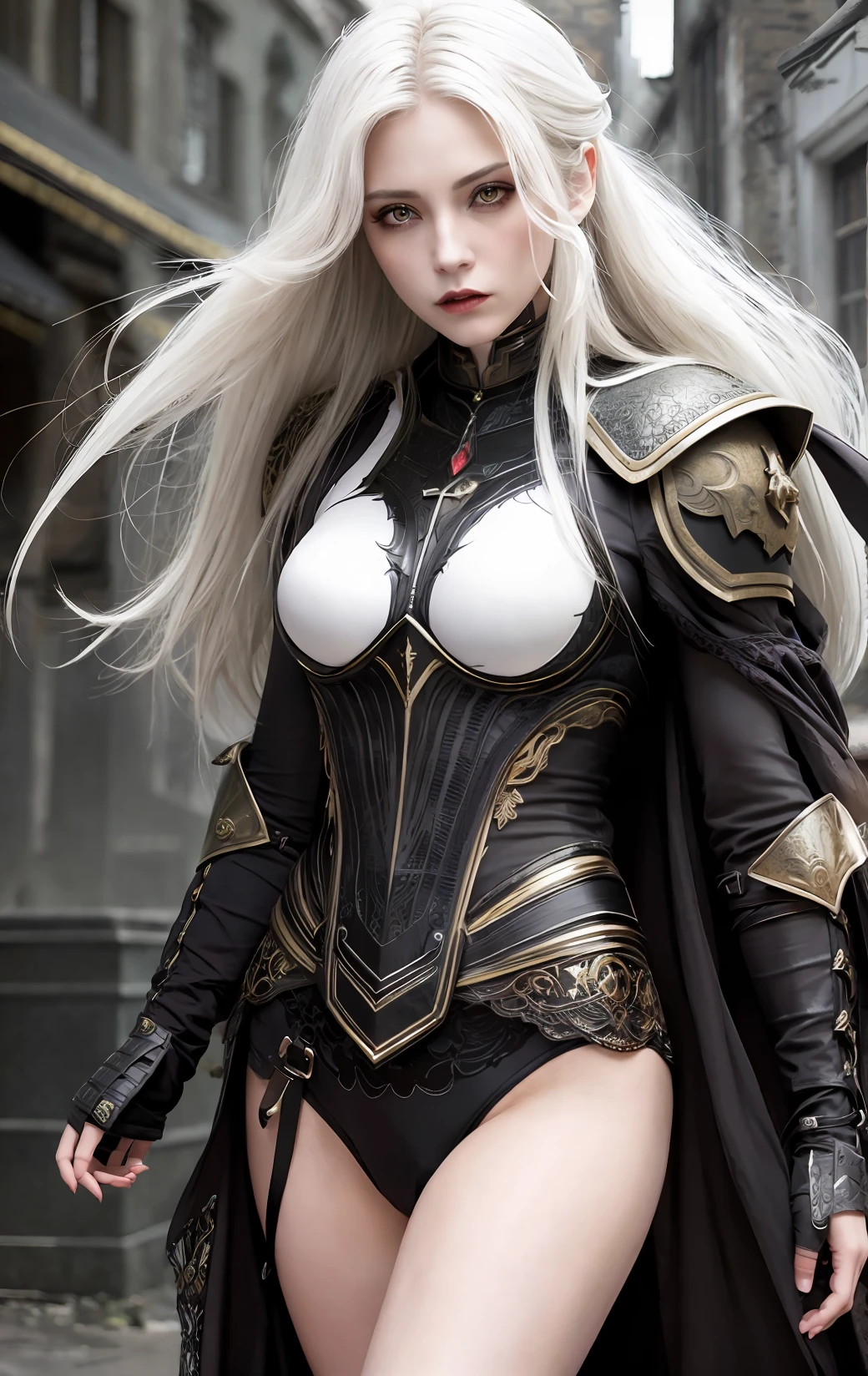 Masterpiece, photorealistic, female vampire, walking forward, movement, extremely detailed eyes and face, beautiful detailed eyes, cinematic lighting, dressed and in armor, apocalyptic background, detailed background, long hair, ((white hair)), dark fantasy