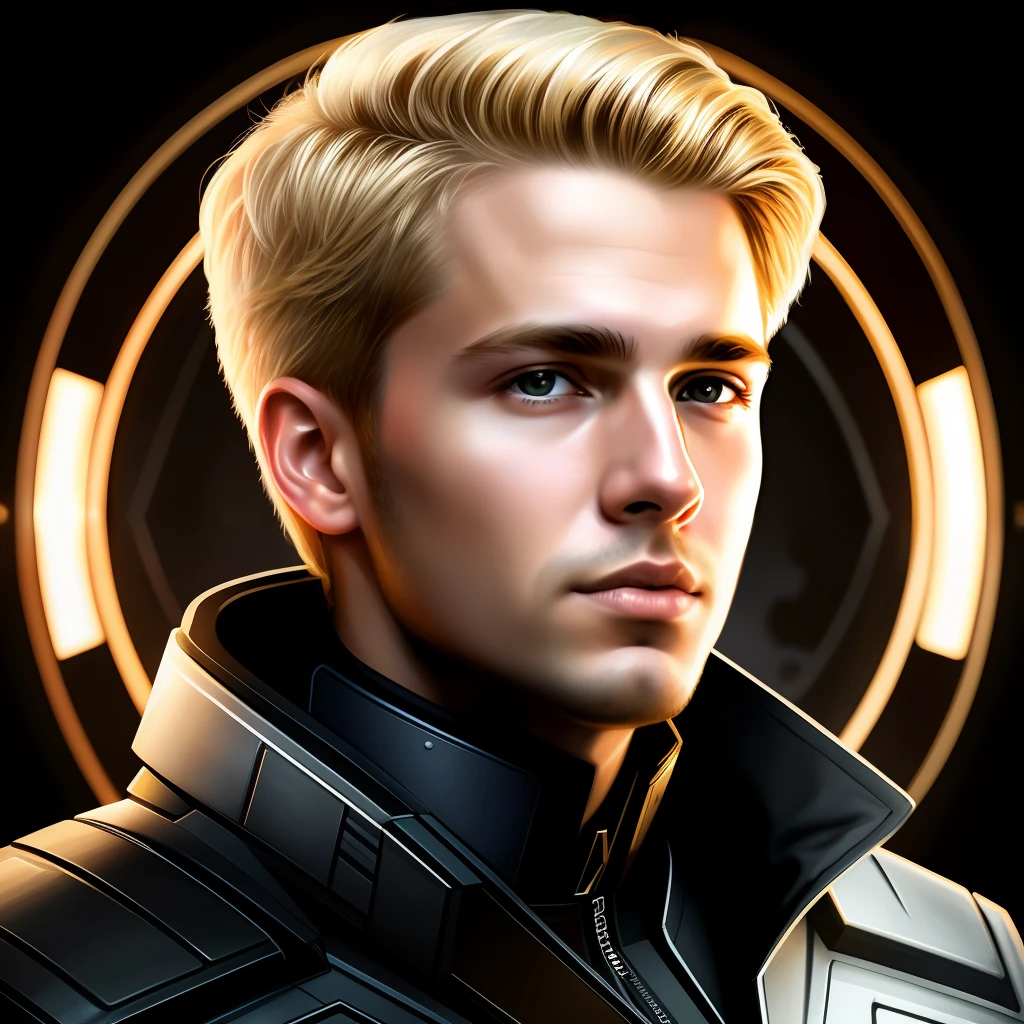 masterpiece, best quality, realistic, ultra detailed, sfw, head shot, a portrait of a young blond man, starsector, sci-fi style clothing, hight-tech gadgets,