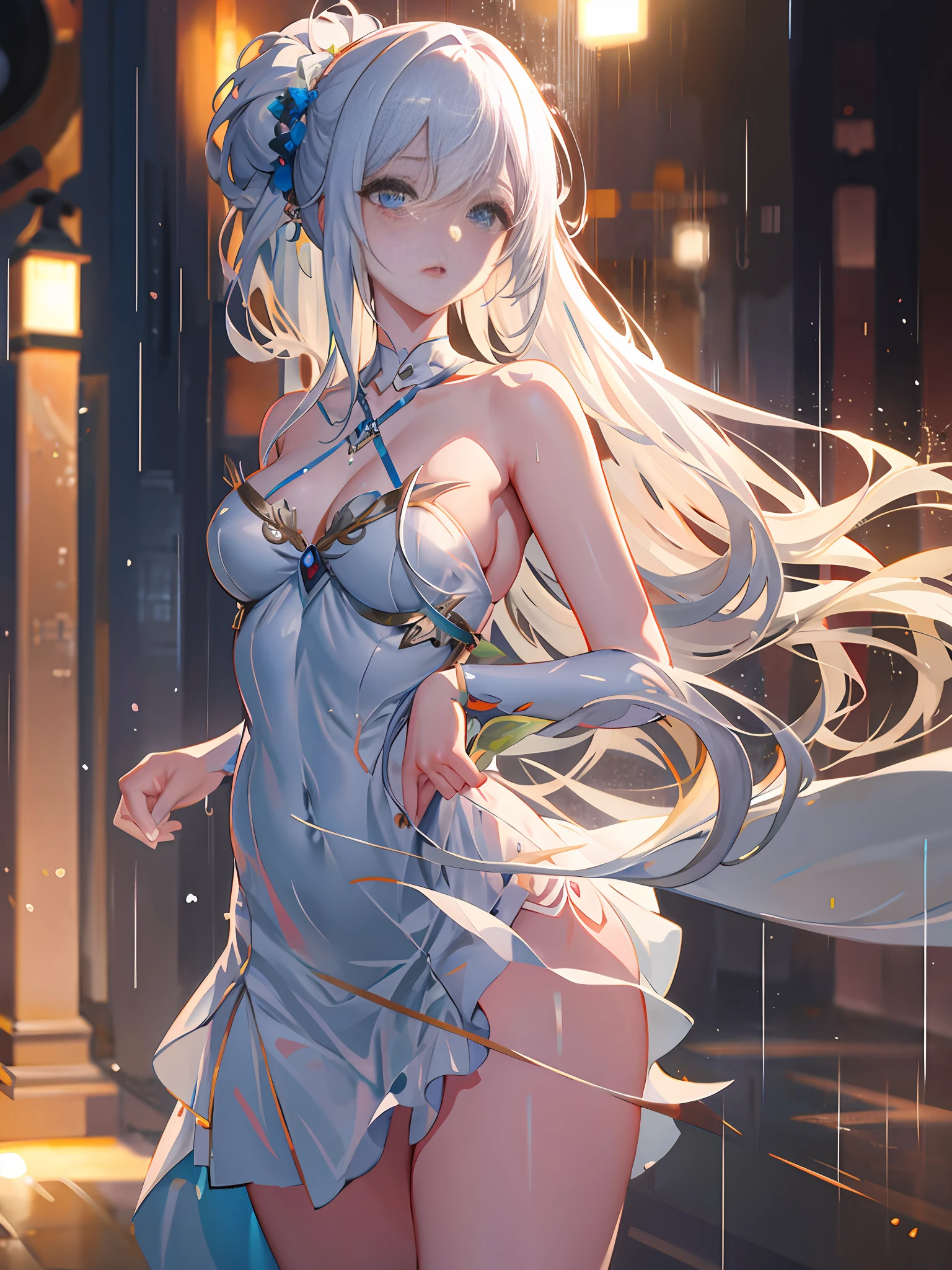 anime girl in a white dress standing in the rain, guweiz on pixiv artstation, anime goddess, trending on artstation pixiv, guweiz on artstation pixiv, cute anime waifu in a nice dress, beautiful alluring anime woman, white haired deity, beautiful anime girl, extremely detailed artgerm, beautiful anime artwork