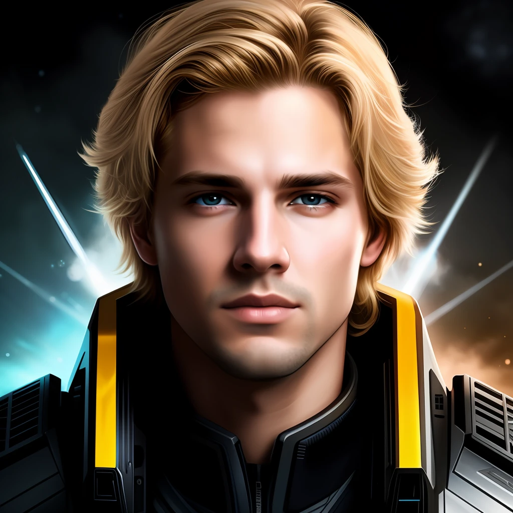 masterpiece, best quality, realistic, ultra detailed, sfw, head shot, a portrait of a young blond man, starsector, sci-fi style clothing, hight-tech gadgets,