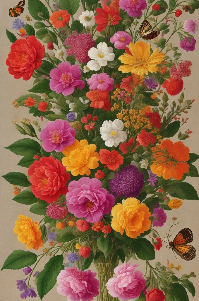 flower illustration, colorful and crisp, in the style of Jan van Kessel II's “Insects and fruits” (hyper-realistic mode)