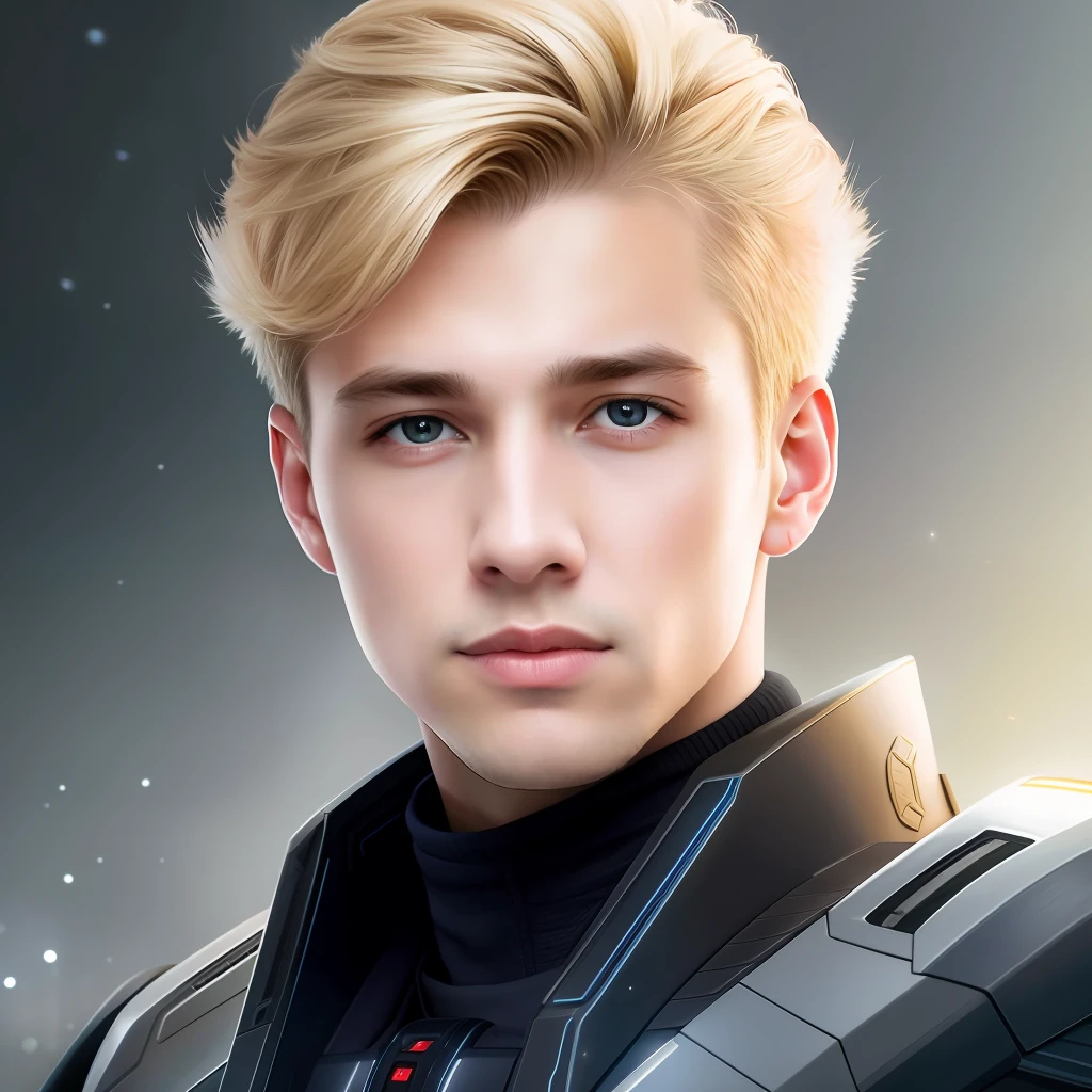 masterpiece, best quality, realistic, ultra detailed, sfw, head shot, a portrait of a young blond man, starsector, sci-fi style clothing, hight-tech gadgets,