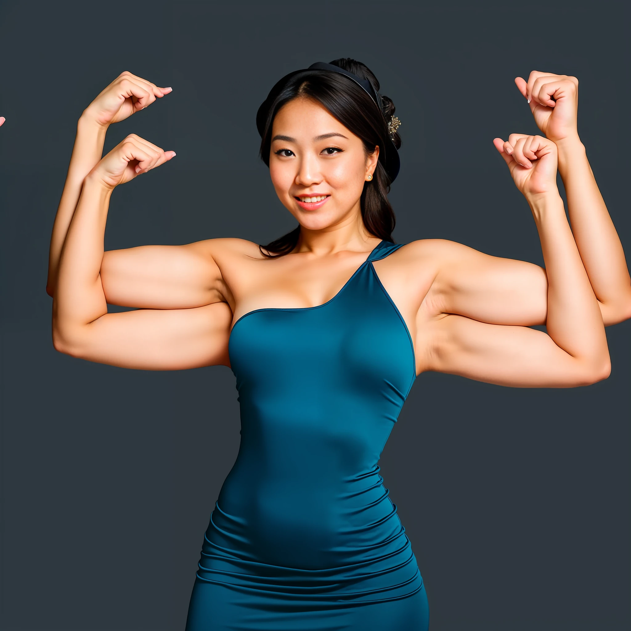 2heads, Extra arms, a woman posing for a picture, blue dress, curvy arms, long hair, black hair, hat, incredibly beautiful, strong pose, very beautiful, arms to the side, 6 arms and 2 legs!, curvy arms, multiple arms, armpits fused to shoulders, normal hands, slender body, identical faces, 21 years old, upper body shoot, korean