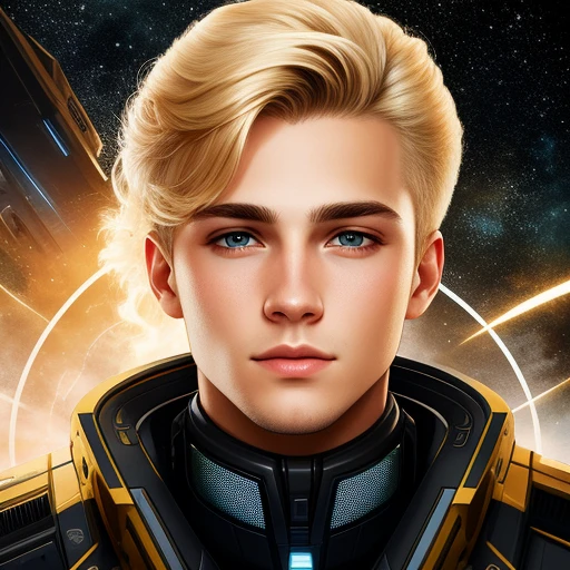 masterpiece, best quality, realistic, ultra detailed, sfw, head shot, a portrait of a young blond man, starsector, sci-fi style clothing, hight-tech gadgets,
