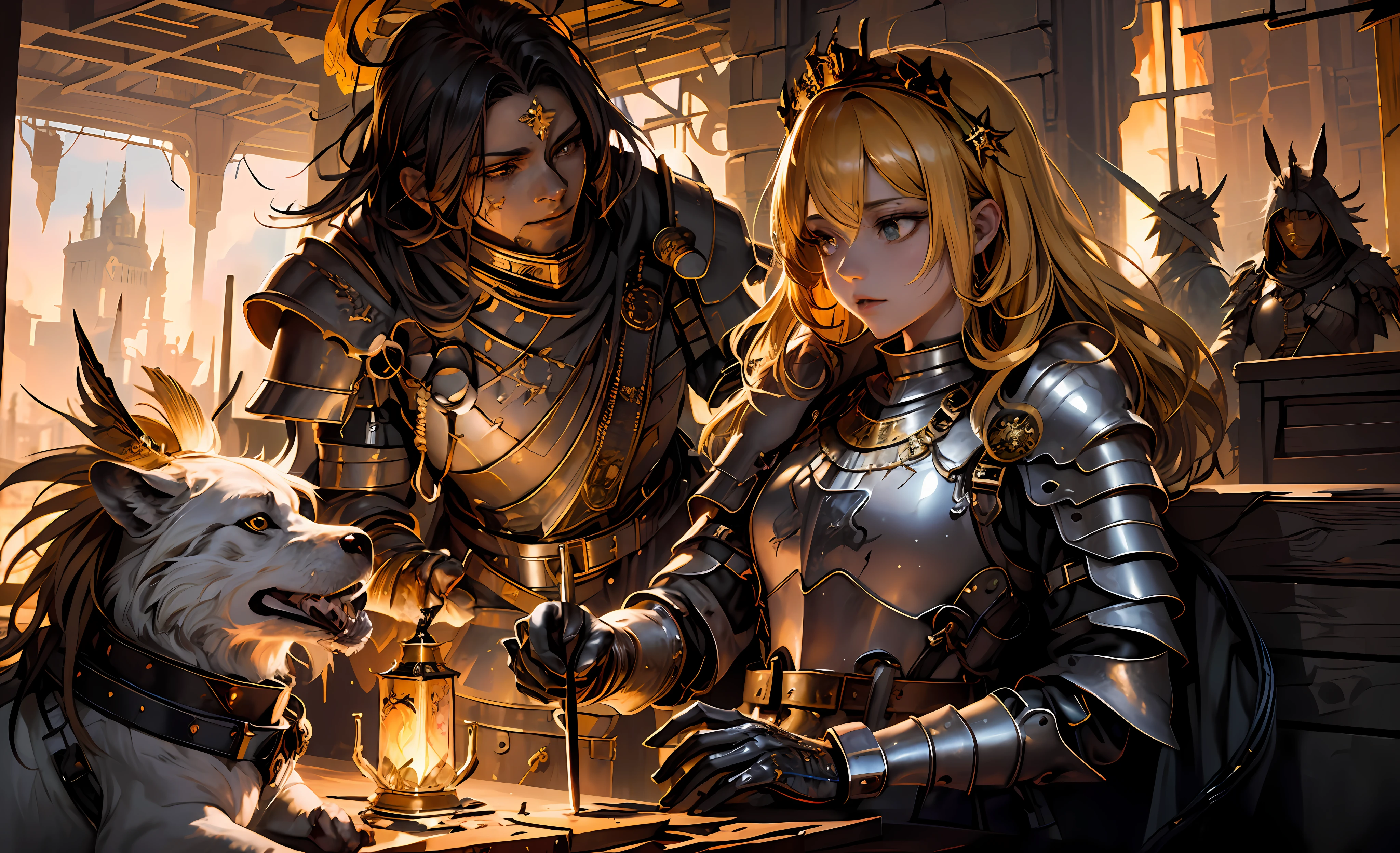 (masterpiece:1.2, best quality:1.1),8K,intricate details,HD,best illustration,wall-paper,intricate details,8K Hd wallpaper:1.6
1girl,12yo,Golden pupil,((Golden eye)),Golden iris,shine:1.6
Swords and shields, griffins, wings, banners, streamers, emeralds, crowns,The sheen, the detail, the sparks, the ink, the castle, the fire, the sunset,Crusader armor
Metallics, streamers, blood on his face,Chest exposed, broken armor,industrial, dieselpunk, Carved armor:1.4, scratches:1.2, battle damage, wounds
