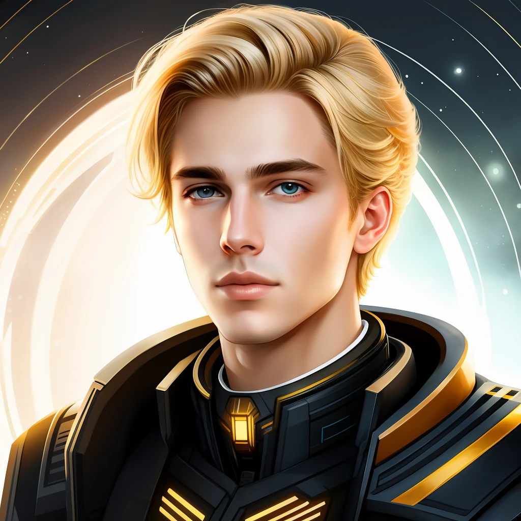 masterpiece, best quality, realistic, ultra detailed, sfw, head shot, a portrait of a young blond man, starsector, sci-fi style clothing, hight-tech gadgets,