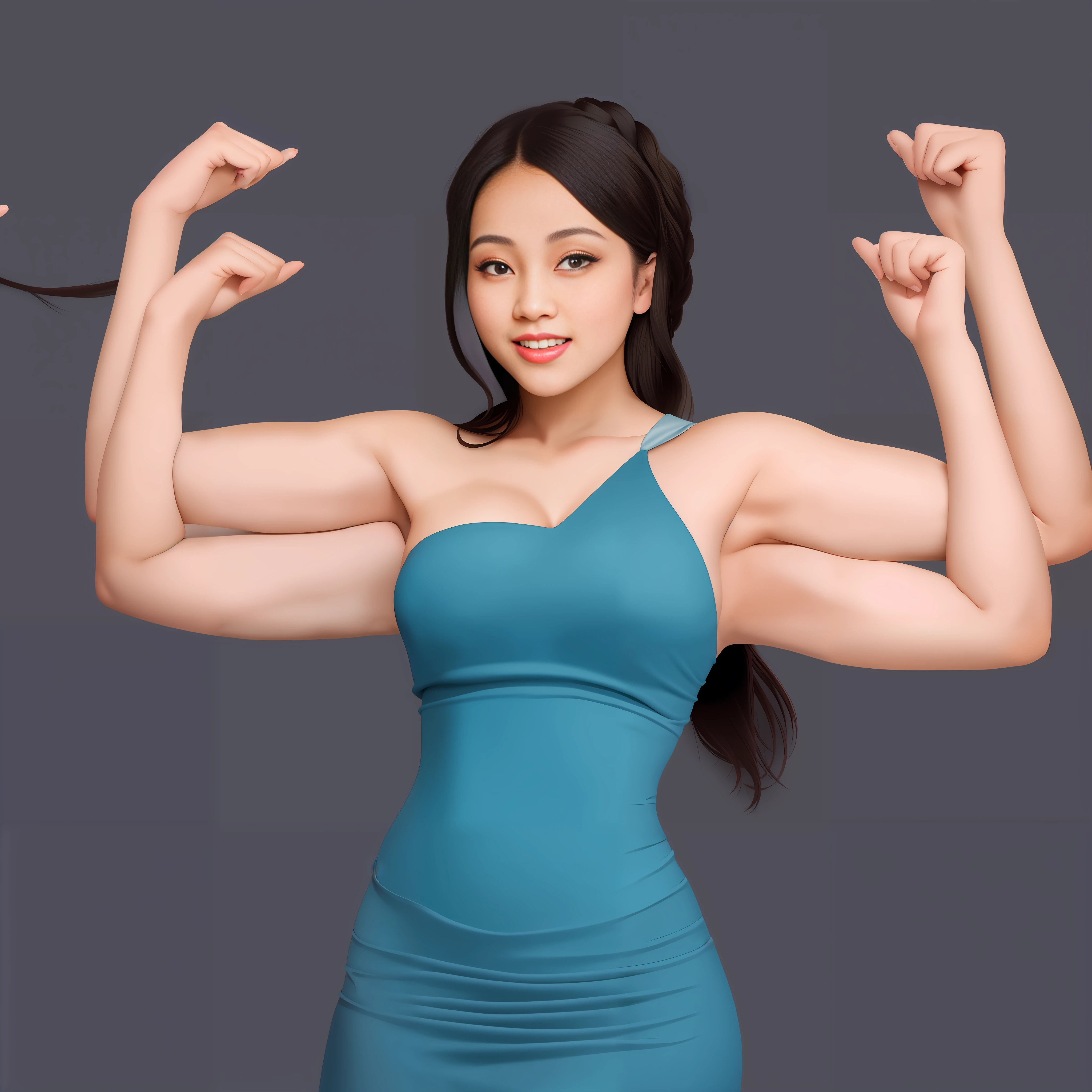 2heads, Extra arms, a woman posing for a picture, blue dress, curvy arms, long hair, black hair, hat, incredibly beautiful, strong pose, very beautiful, arms to the side, 6 arms and 2 legs!, curvy arms, multiple arms, armpits fused to shoulders, normal hands, slender body, identical faces, 21 years old, upper body shoot, korean